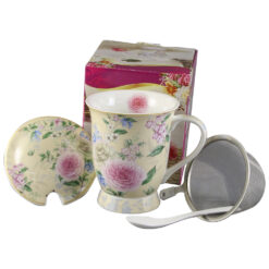 Cana ceramica cu infuzor, capac si lingurita, 300 ml, in cutie cadou, Trandafiri, Crem