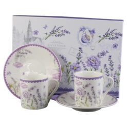 Set 2 cesti espresso din ceramica cu farfurii, "Lavender", 90 ml, in cutie cadou,  Lavanda Flow