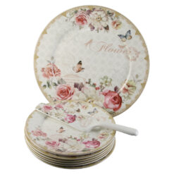 Set de tort 8 piese, Platou cu 6 farfurii si o spatula, Flower
