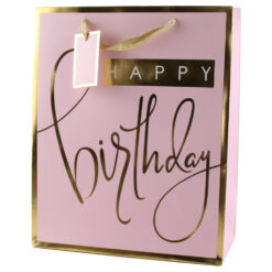 Punga cadou din hartie 26x32 CM, "Happy Birthday", roz, cu eticheta