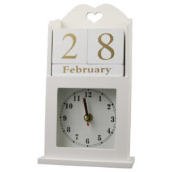 Calendar Perpetuu din lemn cu ceas 14x26 CM, Alb/auriu