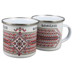 Cana metalica emailata 240 ml, "Romania", cu motive populare