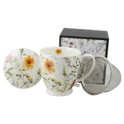 Cana portelan cu infuzor metalic si capac 510 ml, "Pansy", in cutie decorativa