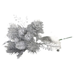 Pick decor cu frunze argintii si con de brad 20 CM