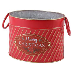 Ghiveci oval din metal "Merry Christmas", 18x14 CM, rosu/aur