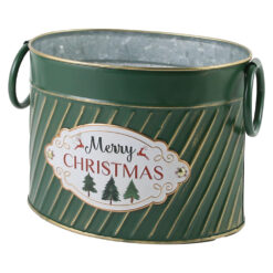 Ghiveci oval din metal "Merry Christmas", 18x14 CM, verde/aur