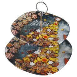 Platou etajat cu 2 nivele, din sticla, "Merry Christmas", 25/20 CM