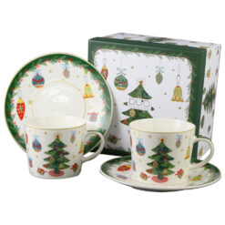 Set 2 cesti cu farfurii, din portelan, Around Christmas Tree, 250 ml, in cutie decorativa, Brad de Craciun