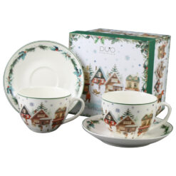 Set 2 cesti cu farfurii, din portelan, Christmas Village, 270 ml, in cutie decorativa, Sat de Craciun