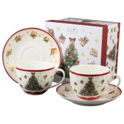 Set 2 cesti cu farfurii, din portelan, Christmas Tree, 270 ml, in cutie decorativa, Brad de Craciun
