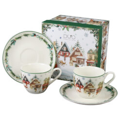 Set 2 cesti espresso cu farfurii, din portelan, Christmas Village, 90 ml, in cutie decorativa, Sat de Craciun