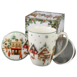 Cana portelan cu infuzor metalic si capac, Christmas Village, 360 ml, in cutie decorativa, Sat de Craciun