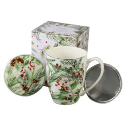Cana portelan cu infuzor metalic si capac, Christmas Leaves, 360 ml, in cutie decorativa, Frunze de Craciun