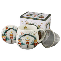 Cana portelan cu infuzor metalic si capac, Christmas Cuties, 430 ml, in cutie decorativa, Animalute de Craciun