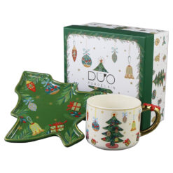 Ceasca cu farfurie  din portelan, Around Christmas Tree, 250 ml, in cutie decorativa, Brad de Craciun