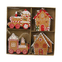 Set 8 ornamente de brad din lemn 5/6 CM,Locomotiva/Casuta