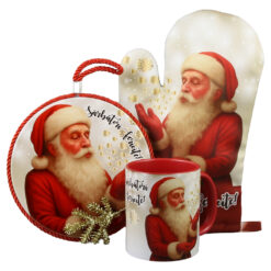 Set cadou "Sarbatori Fericite!", Cana cu suport oale si manusa de bucatarie, Mos Craciun + punga cadou