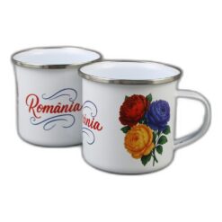 Cana metalica emailata 240 ml, Romania, Bujor tricolor