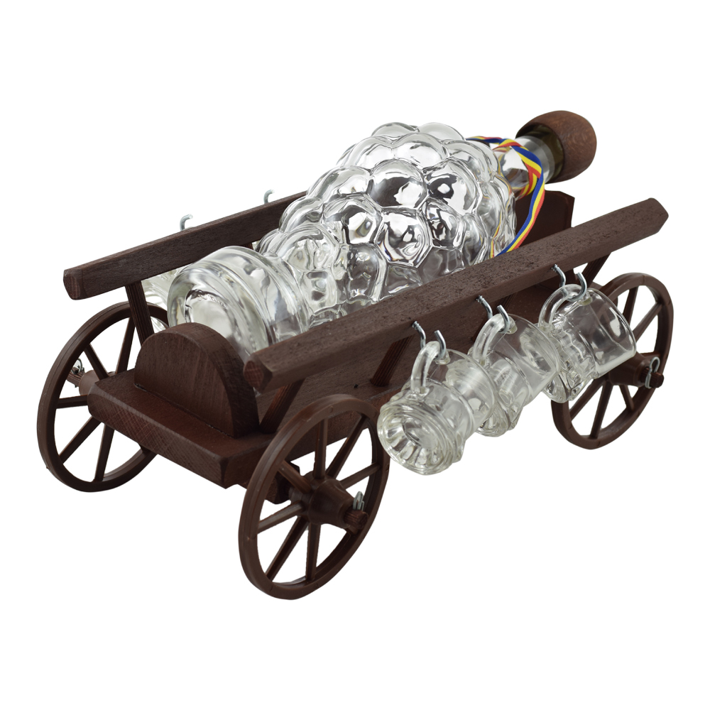 Suport lemn cu sticla si pahare de tuica in forma de caruta
