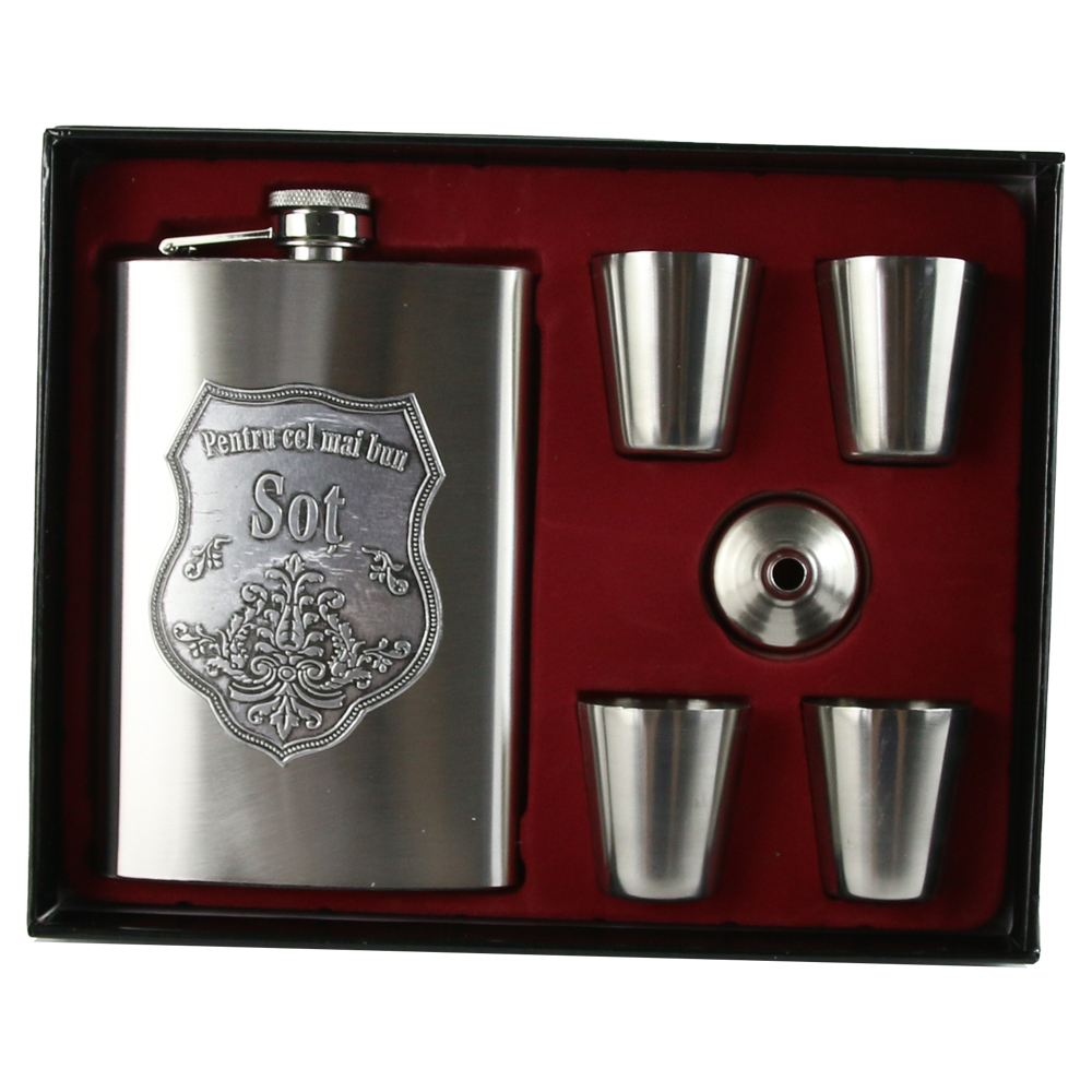 Set plosca cu palnie si 4 pahare din inox, "Pentru cel mai bun Sot", in cutie eleganta