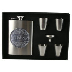 Set plosca cu palnie si 4 pahare din inox, "La multi Ani!", in cutie eleganta