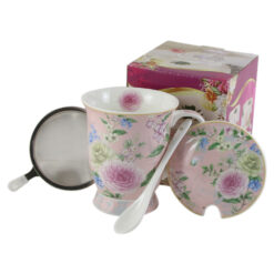 Cana cu infuzor metalic, capac si lingurita 250 ml, Trandafiri