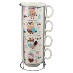 Set 4 cesti din ceramica cu suport metalic, 150 ml, Bufnite