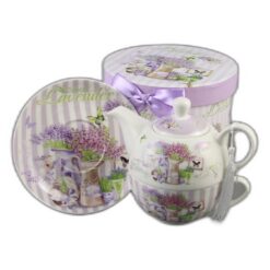 Set ceainic cu ceasca si farfurioara, 350 ml / 310 ml, "Beautiful Lavender", in cutie decorativa