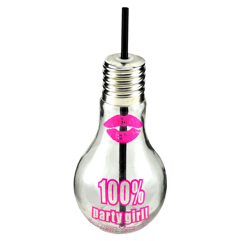 Sticla cu pai, forma bec "100% PartyGirl!", 8x22 CM