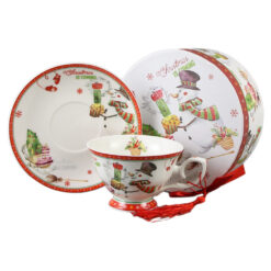 Ceasca cu farfurie de craciun din ceramica 150 ml, in cutie cadou, Om de zapada