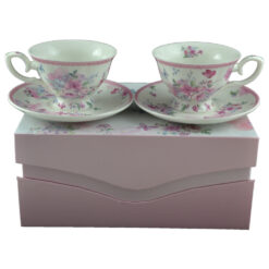 Set de 2 cani cu farfurie - Design Flori de primavara - Roz
