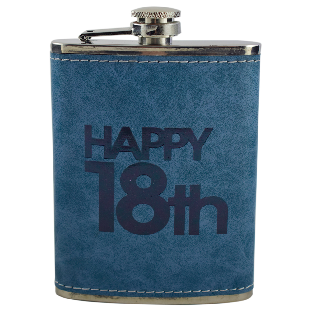 Plosca realizata din metal invelit in piele - Design aniversare "Hapyy 18th"