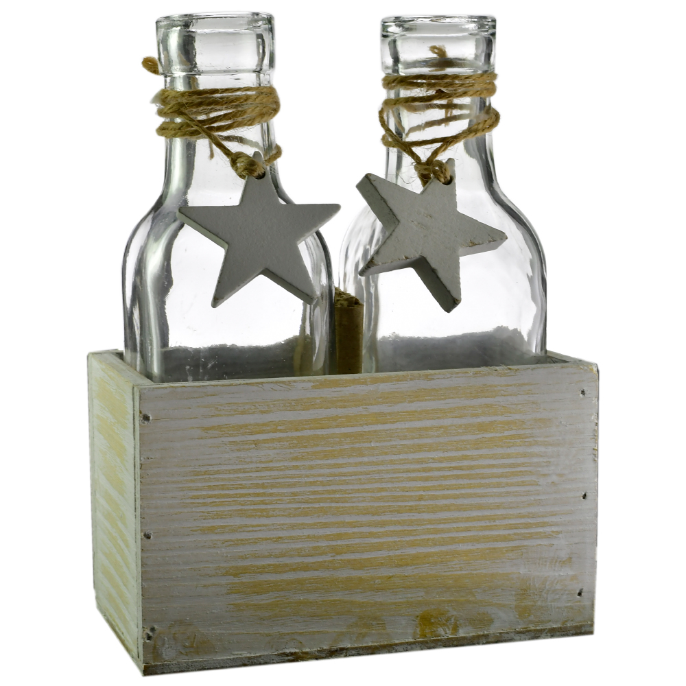 Set 2 vaze in forma de sticla in suport de lemn - Design cu stelute