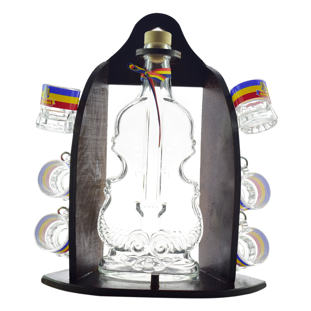 Suport lemn cu sticla in forma de vioara cu sase pahare de tuica.