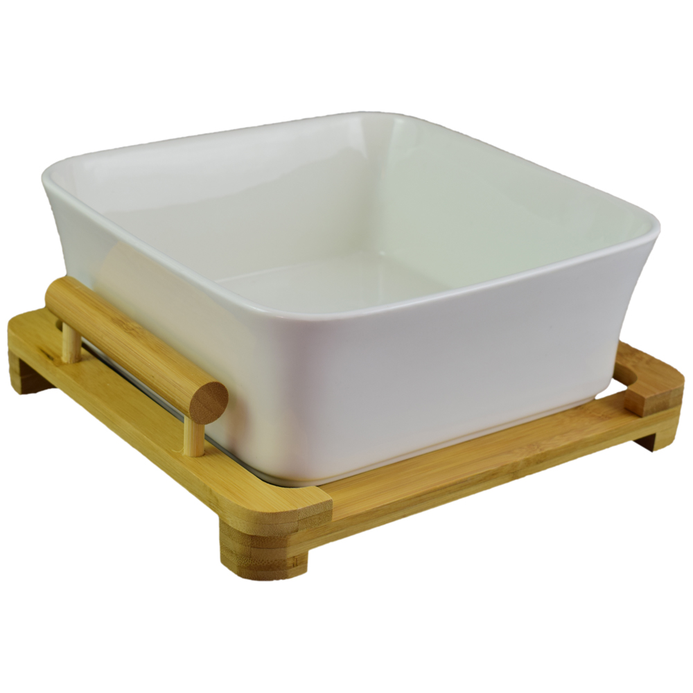 Bol pentru servire realizat din portelan cu suport din bambus (Model 2)