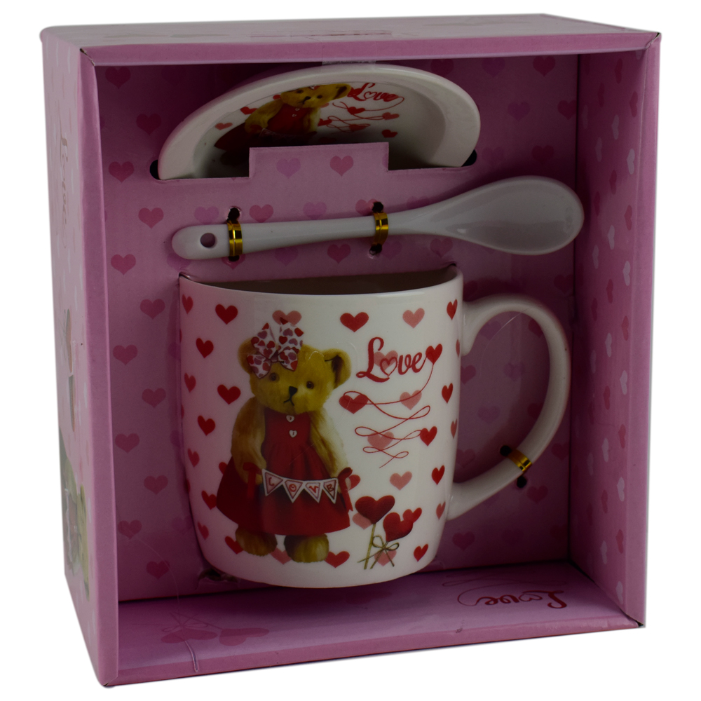 Cana cu lingurita si farfurie realizate din ceramica - Design cu ursulet si inimioare - Diverse modele - imagine 2