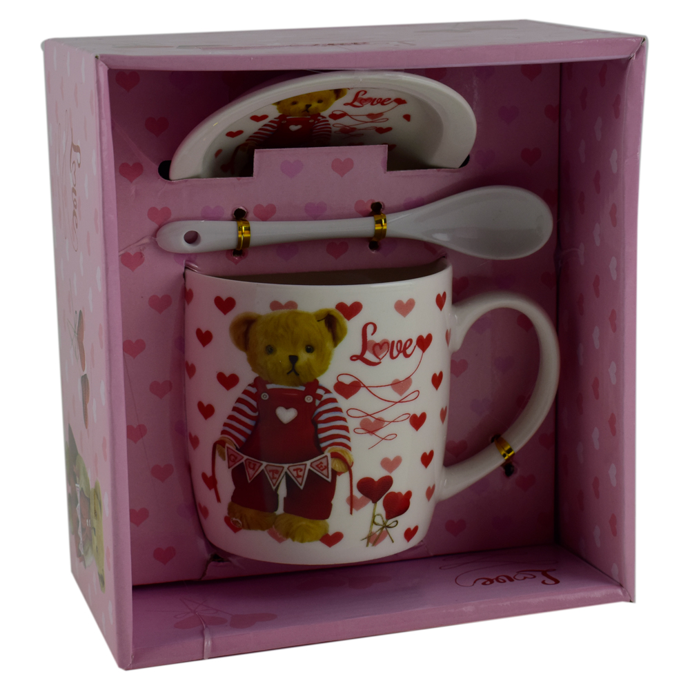 Cana cu lingurita si farfurie realizate din ceramica - Design cu ursulet si inimioare - Diverse modele - imagine 3