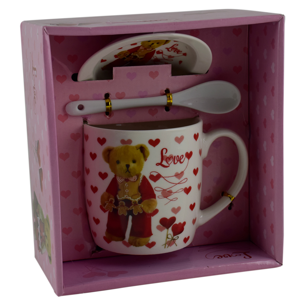 Cana cu lingurita si farfurie realizate din ceramica - Design cu ursulet si inimioare - Diverse modele - imagine 4