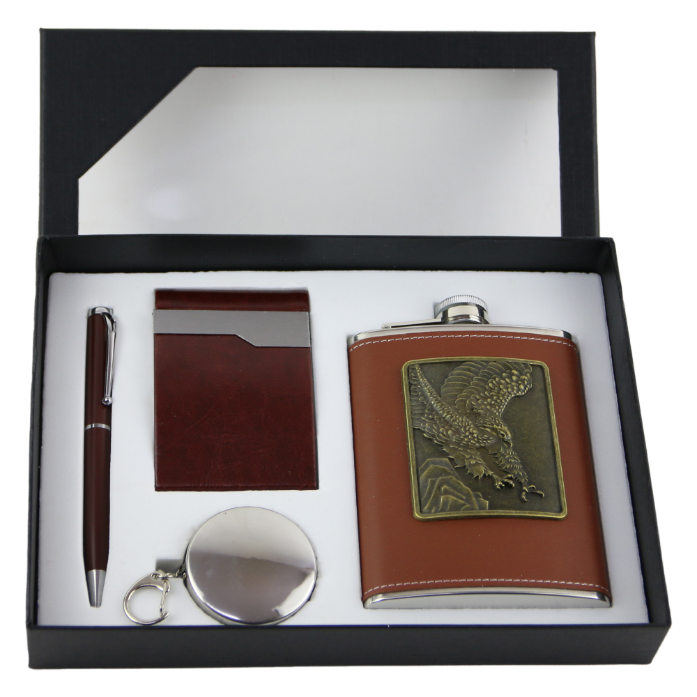 Set cadou 4 piese pentru barbati - Pix/Portcard/Plosca/Pahar pliabil