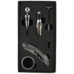 Set 5 accesorii vin in cutie, tirbuson, dop, antipicurator, inel din metal, termometru