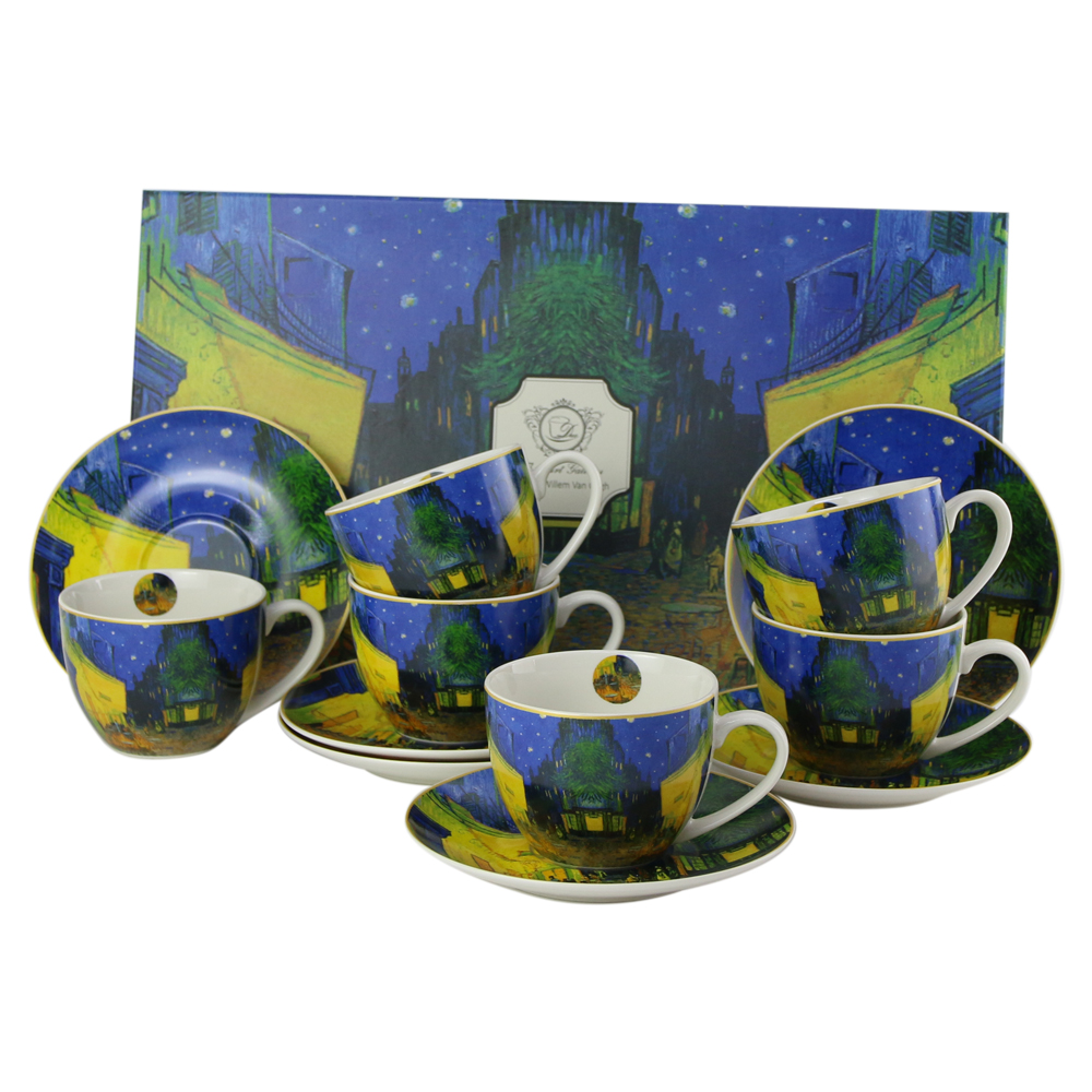 Set 6 cesti cu farfurii din portelan 280 ml "Terrace at Night" de V. van Gogh