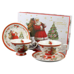 Set 2 cesti cu farfurii  220 ml, Mos Craciun, "Merry Christmas", in cutie cadou