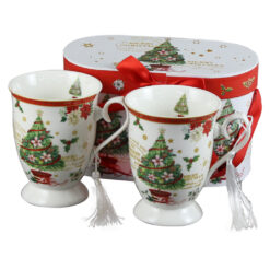 Set 2 cani ceramice cu snur, Brad, 300 ml, in cutie cadou