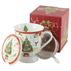 Cana cu strecuratoare, capac si lingurita 300 ml "Merry Christmas", Brad