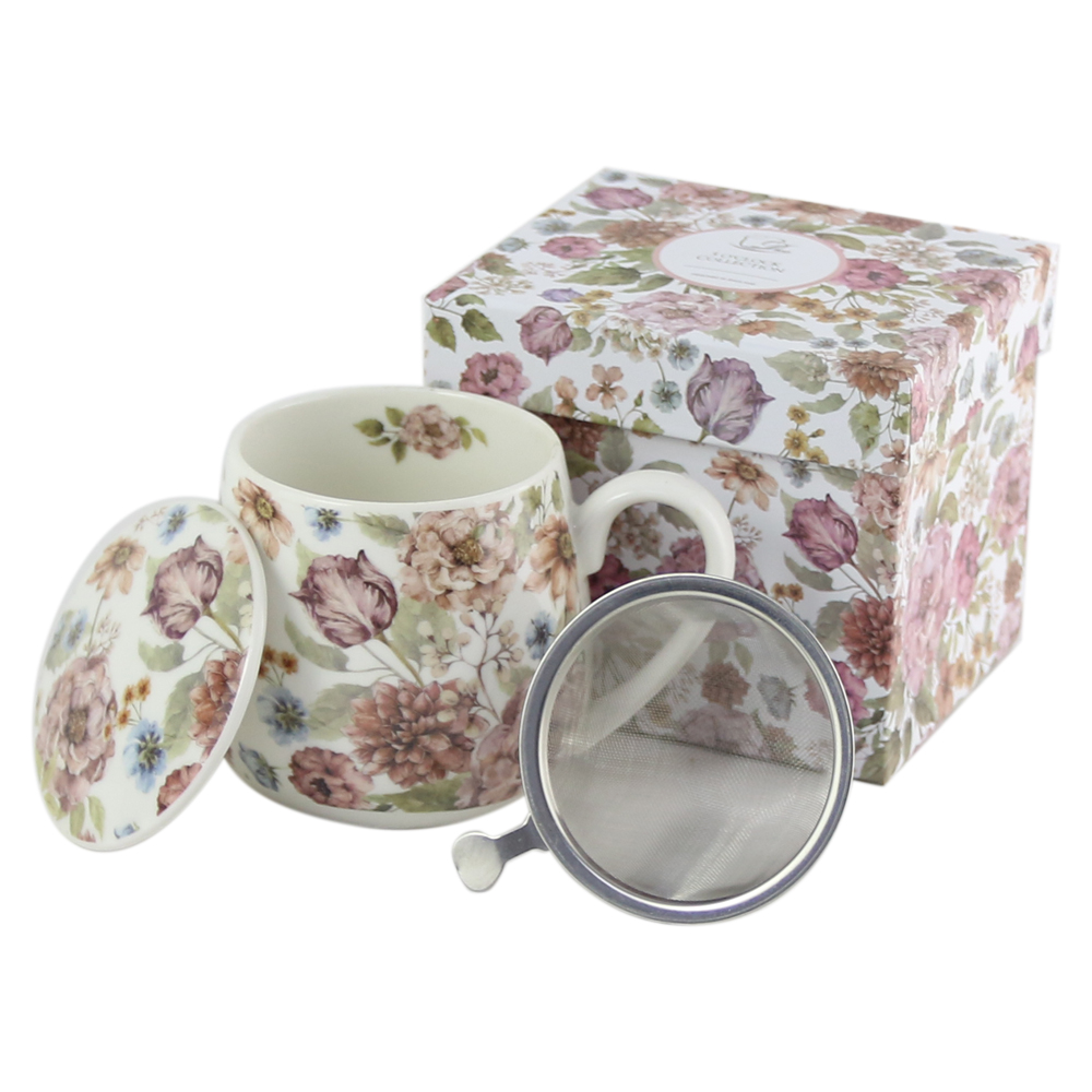 Cana portelan cu infuzor metalic si capac 430 ml, "Pastel Flowers", in cutie decorativa