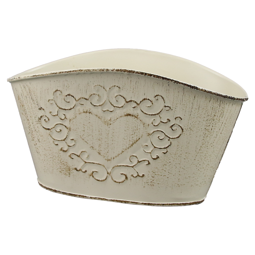 Ghiveci oval din metal Antic Crem, 17x10 CM, cu inimioara