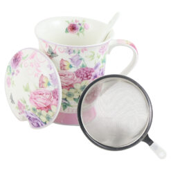 Cana ceramica cu infuzor metalic, capac si lingurita 300 ml, Flori colorate