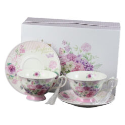 Set 2 cesti din ceramica cu farfurie 150 ml, Flowers Perfume