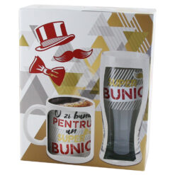 Set cadou "O zi buna pentru un Super Bunic" Cana 300 ml cu Pahar bere 500 ml, cutie decorativa
