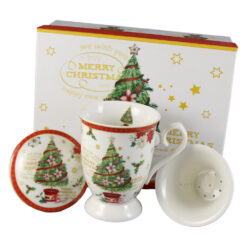 Cana ceramica cu infuzor si capac, 300 ml, "Merry Christmas" Brad, in cutie decorativa